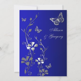 Blue, Silver Floral Butterflies Wedding Invitation
