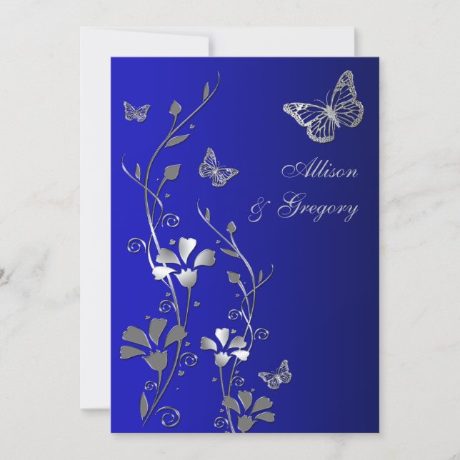 Blue, Silver Floral Butterflies Wedding Invitation (Front)