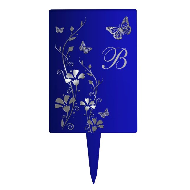 Blue Silver Floral Butterfly Wedding Cake Pick (Front)