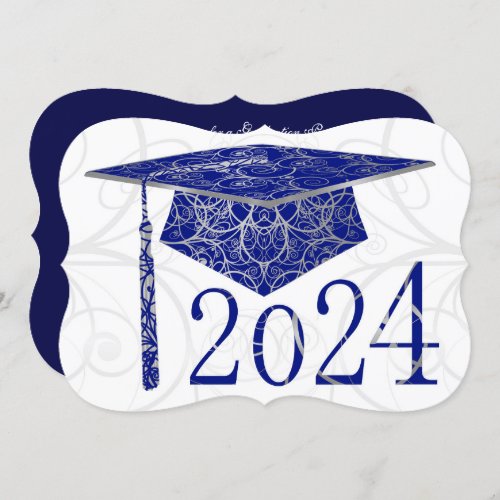 Blue  Silver Floral Cap 2024 Graduation Party Invitation