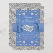 Blue Silver Floral Hearts FAUX Foil Wedding Invite (Front/Back)