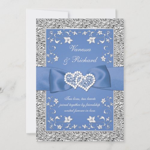 Blue Silver Floral Hearts FAUX Foil Wedding Invite