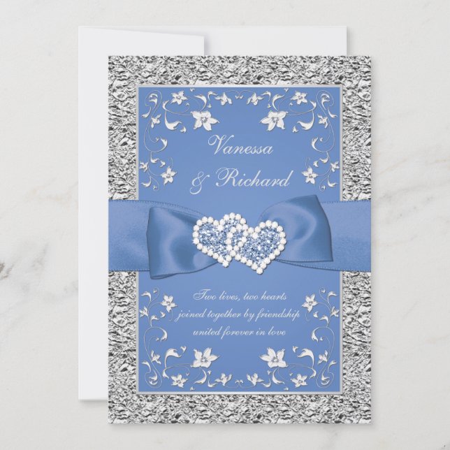 Blue Silver Floral Hearts FAUX Foil Wedding Invite (Front)