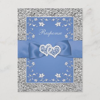 Blue Silver Floral Hearts Faux Foil Wedding Rsvp by NiteOwlStudio at Zazzle