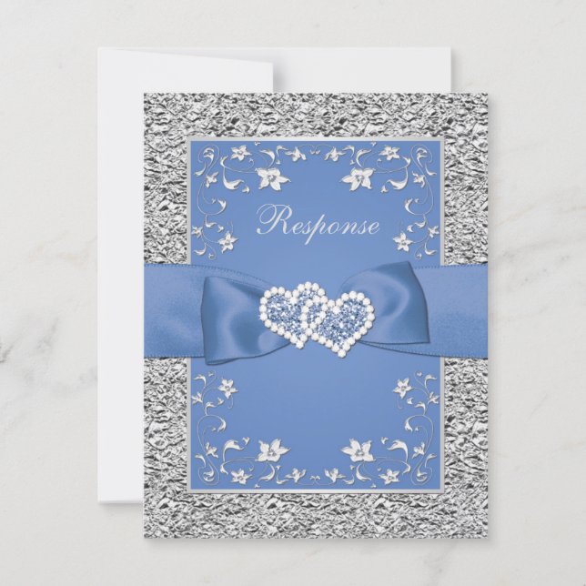 Blue Silver Floral Hearts FAUX Foil Wedding RSVP (Front)
