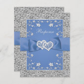 Blue Silver Floral Hearts FAUX Foil Wedding RSVP (Front/Back)