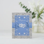 Blue Silver Floral Hearts FAUX Foil Wedding RSVP (Standing Front)