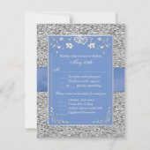 Blue Silver Floral Hearts FAUX Foil Wedding RSVP (Back)