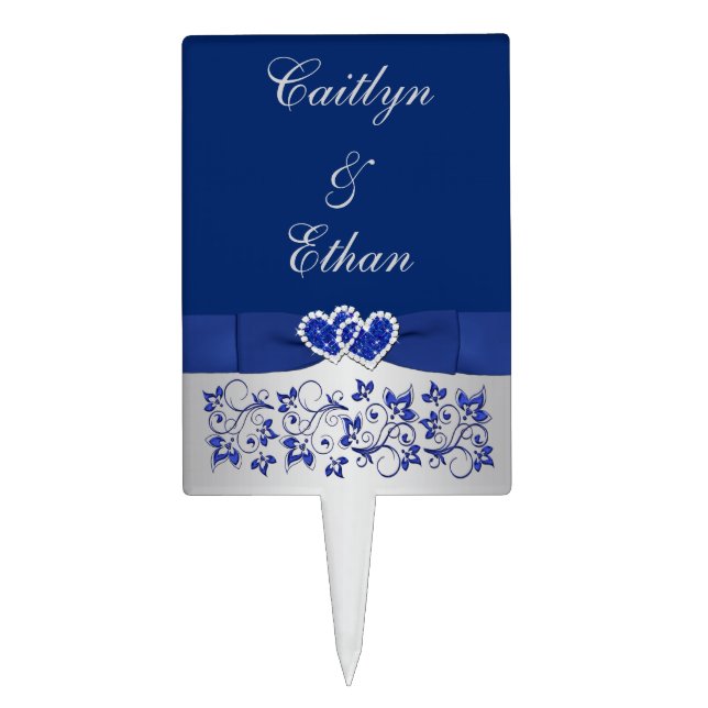 Blue, Silver Floral, Hearts Wedding Cake Pick (Front)
