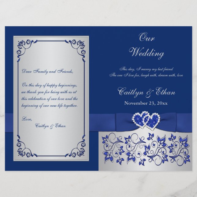 Blue, Silver Floral Hearts Wedding Program (Front)