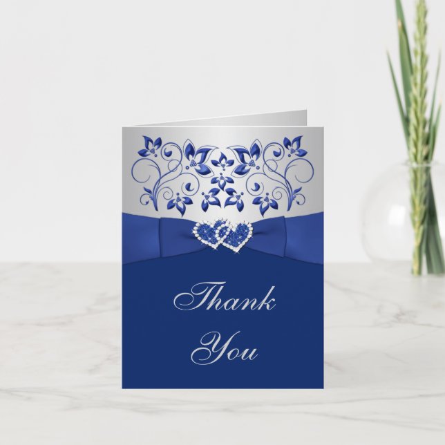 Blue, Silver Floral, Hearts Wedding Thank You Card (Front)