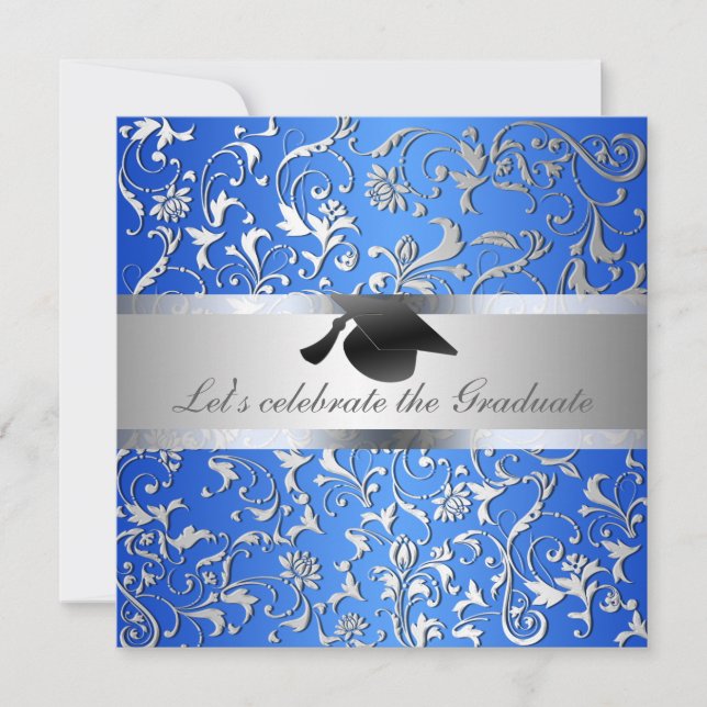 Blue Silver Floral Pattern Black Graduation Hat Invitation (Front)