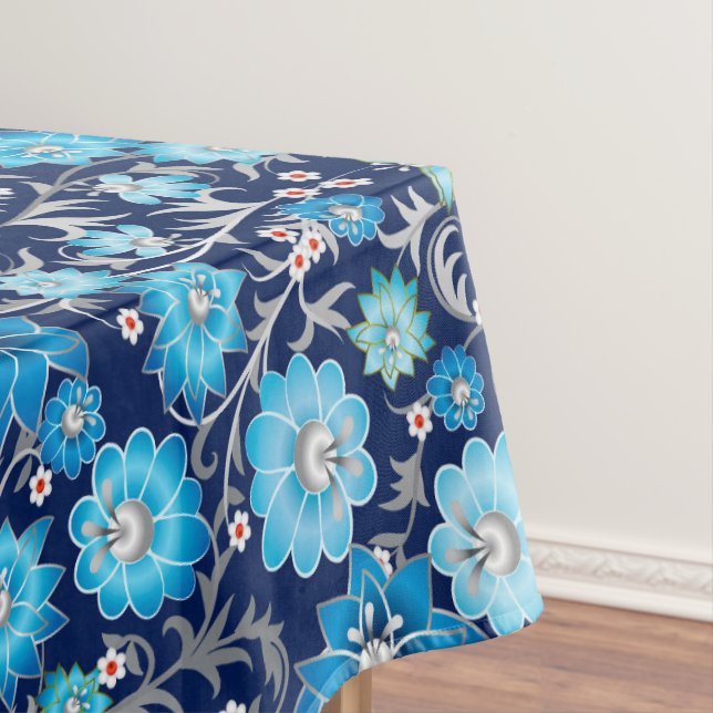 Blue silver floral pattern dining tablecloth (In Situ)