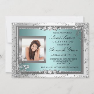 Blue & silver floral Photo Sweet Sixteen Invite