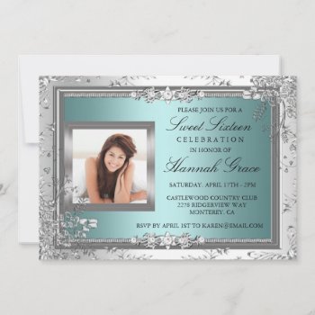 Blue & Silver Floral Photo Sweet Sixteen Invite by ExclusiveZazzle at Zazzle