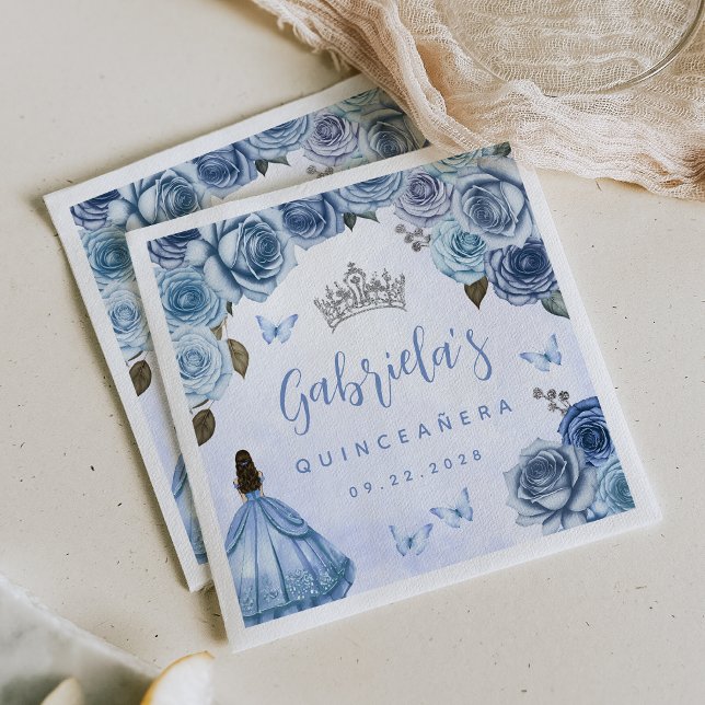Blue Silver Floral Quinceañera Party Napkins (Creator Uploaded)