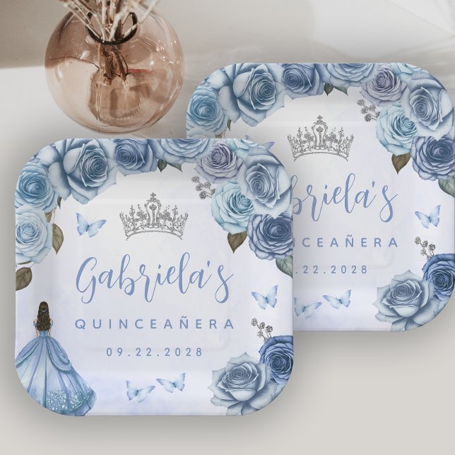 Blue Silver Floral Quinceañera Party Paper Plates (Creator Uploaded)