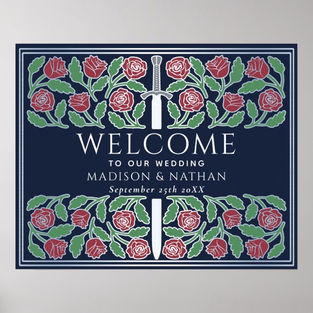 Blue Silver Floral Royal Wedding Welcome Sign (Front)