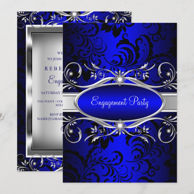 Blue Silver Floral Swirl Engagement Party Invitation (Front/Back)