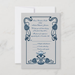 Blue Silver Floral Swirls Wedding RSVP Card