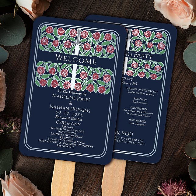 Blue Silver Floral Sword Royal Wedding Program Hand Fan (Creator Uploaded)