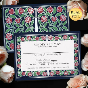 Blue Silver Floral Sword Royal Wedding RSVP Foil Invitation