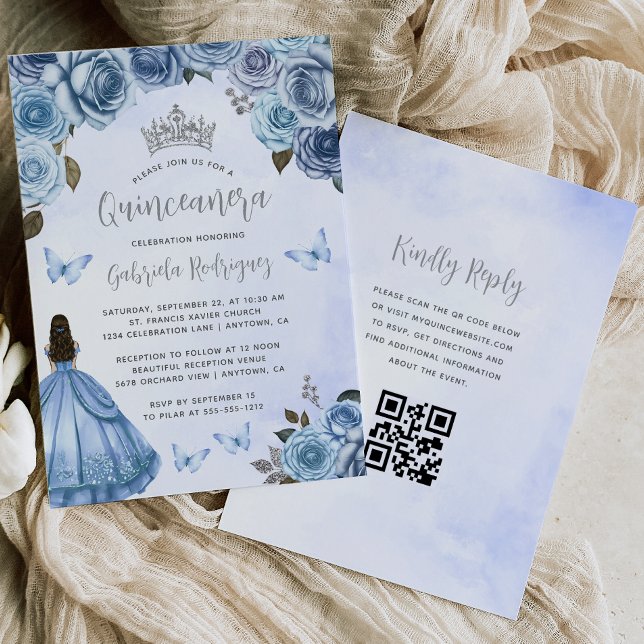 Blue Silver Floral Watercolor QR Code Quinceañera Invitation (Creator Uploaded)