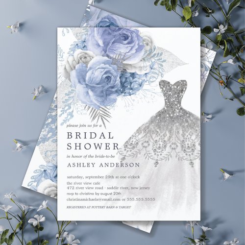 Blue  Silver Floral Wedding Dress Bridal Shower Invitation