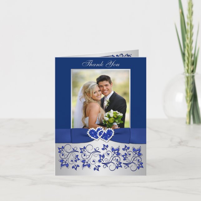 Blue, Silver Floral Wedding Photo Thank You Card (Front)