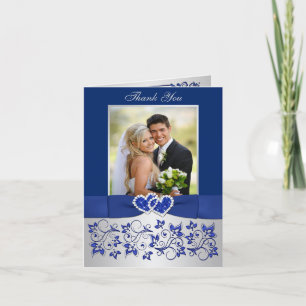 Blue, Silver Floral Wedding Photo Thank You Card