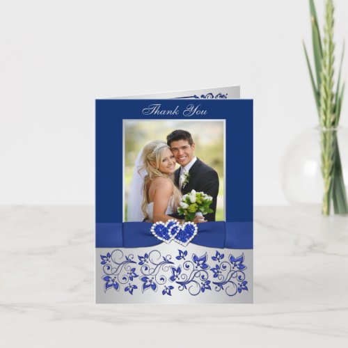 Blue Silver Floral Wedding Photo Thank You Card