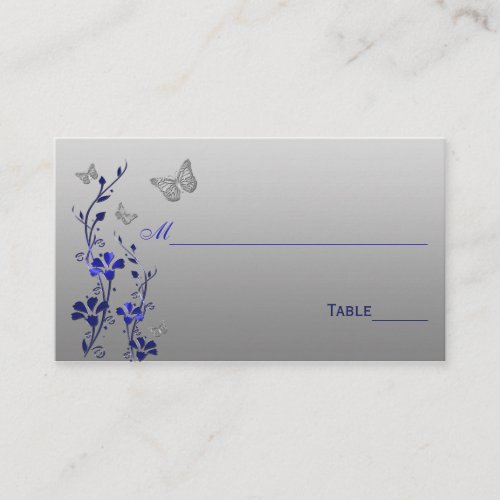 Blue, Silver Floral with Butterflies Place Cards Business Cards