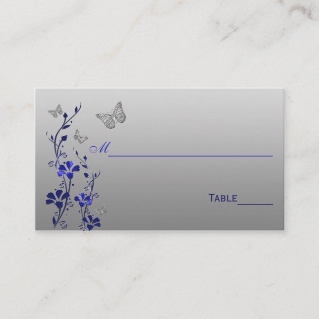 Blue, Silver Floral with Butterflies Place Cards (Front)