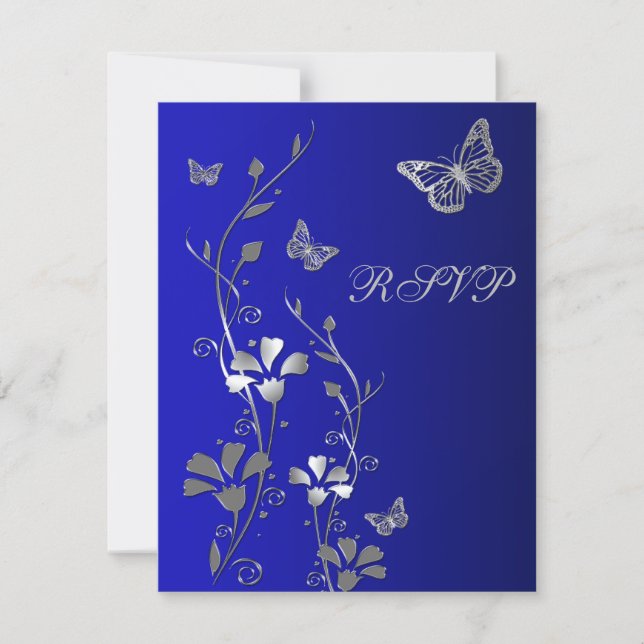 Blue, Silver Floral with Butterflies Reply Card 2 (Front)