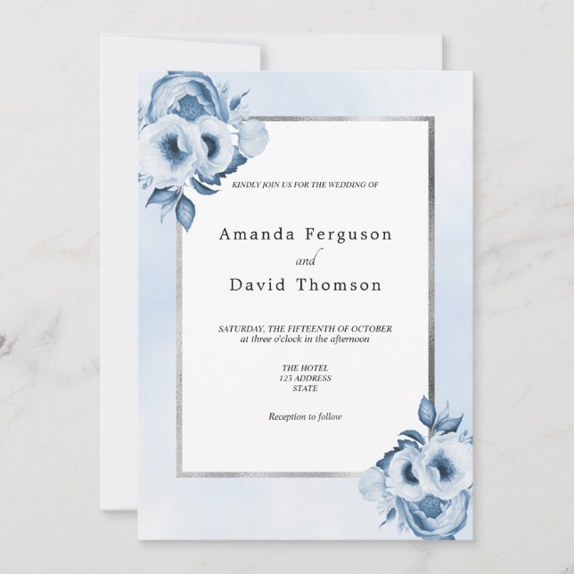 Blue silver florals wedding invitation (Front)