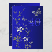 Blue, Silver Flowers & Butterflies 40th Birthday Invitation (Front/Back)