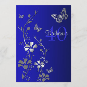 Blue, Silver Flowers & Butterflies 40th Birthday Invitation