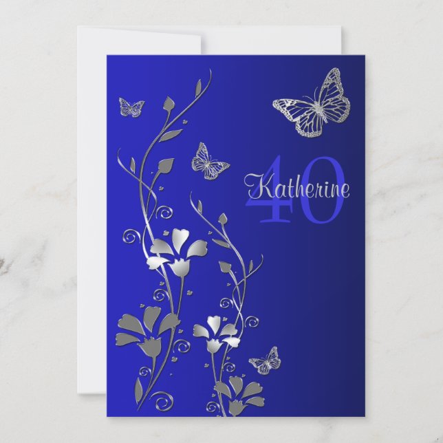Blue, Silver Flowers & Butterflies 40th Birthday Invitation (Front)