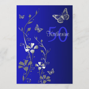 Blue, Silver Flowers & Butterflies 50th Birthday Invitation