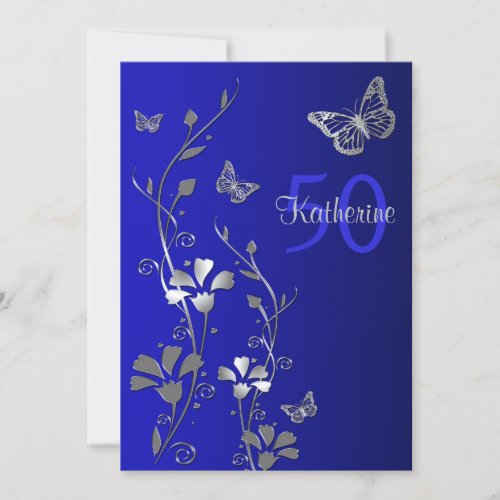 Blue Silver Flowers  Butterflies 50th Birthday Invitation