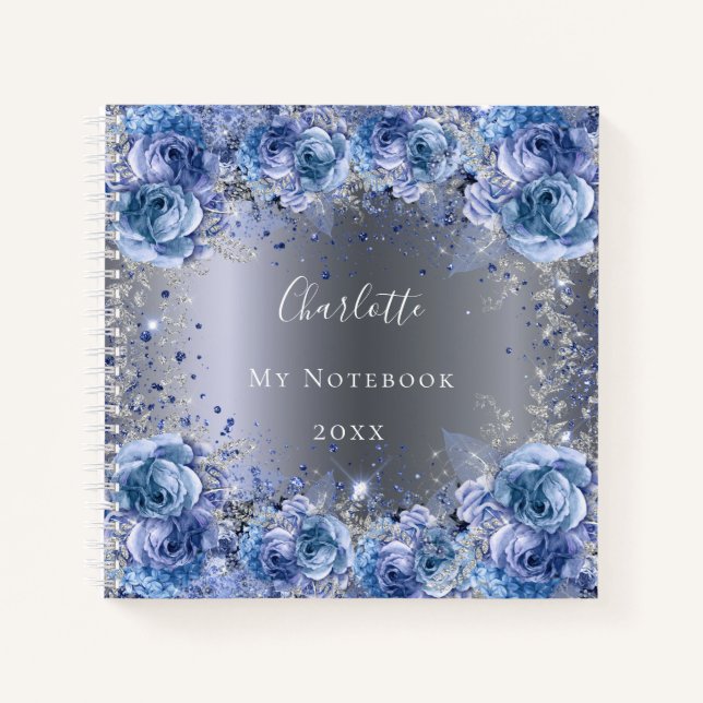 Blue silver flowers roses glitter name notebook (Front)