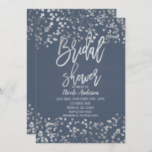 Blue Silver Foil Babys Breath Modern Bridal Shower Invitation