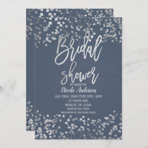 Blue Silver Foil Babys Breath Modern Bridal Shower Invitation