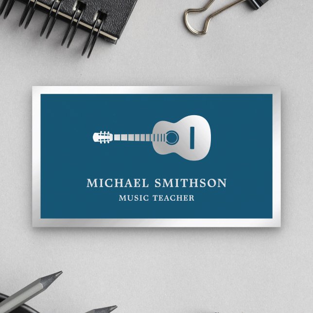 Blue Silver Foil Guitar Music Teacher Guitarist Business Card (Creator Uploaded)