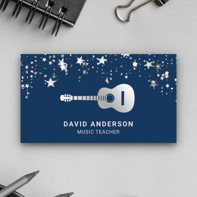 Blue Silver Foil Guitar Music Teacher Guitarist Business Card (Creator Uploaded)