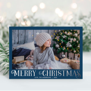 Blue Silver Foil Modern Merry Christmas photo Foil Holiday Card