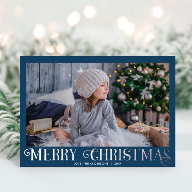 Blue Silver Foil Modern Merry Christmas photo Foil Holiday Card (Creator Uploaded)