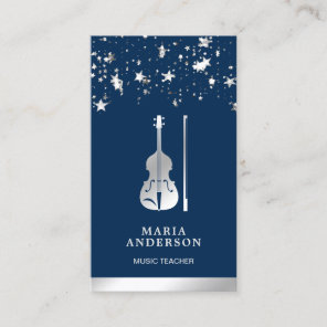 Blue Silver Foil Violin Music Teacher Violinist Business Card
