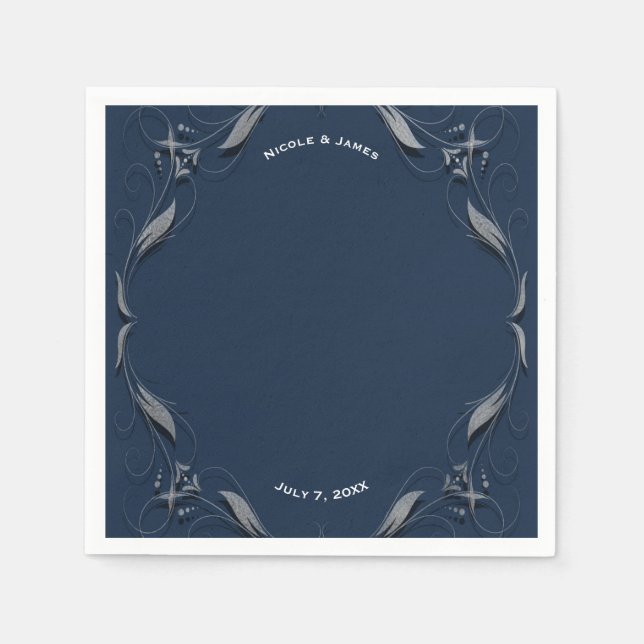 Blue & Silver Frame Elegant Vintage Wedding Party Napkins (Front)