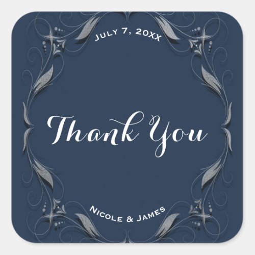 Blue  Silver Frame Elegant Wedding Favor Custom Square Sticker